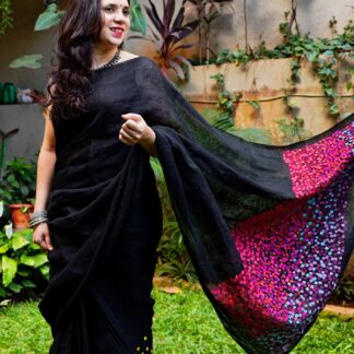 Calyz Black Linen Saree with Collage Technique